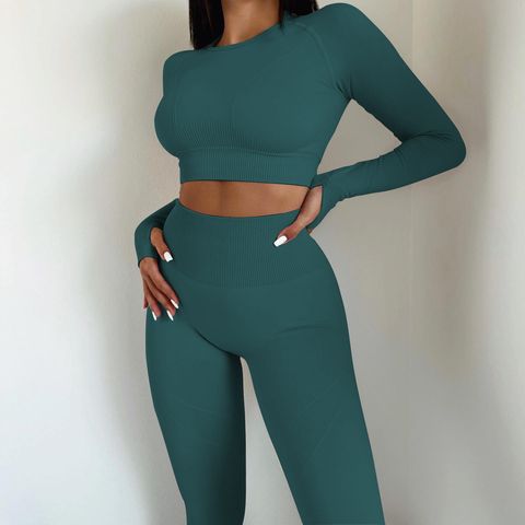 Basic Sports Solid Color Spandex Round Neck Tracksuit T-shirt Leggings