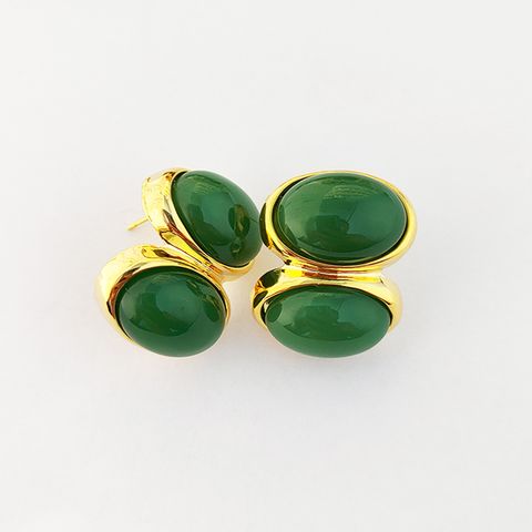 1 Pair Simple Style Oval Plating Inlay Metal Glass Ear Studs