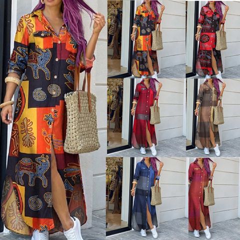 Women's Regular Dress Casual Turndown Printing Long Sleeve Graffiti Maxi Long Dress Daily