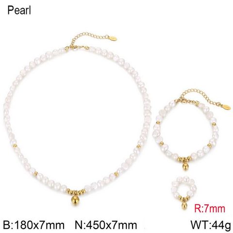 Elegant Simple Style Round 18K Gold Plated Freshwater Pearl Titanium Steel Wholesale Bracelets Earrings Necklace