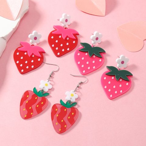 1 Pair Cute Flower Strawberry Painted Arylic Silver Plated Drop Earrings