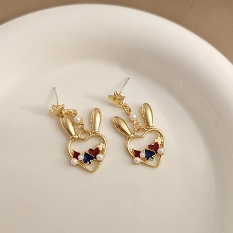 1 Pair Cute Bunny Ears Heart Shape Plating Inlay Alloy Artificial Pearls Drop Earrings