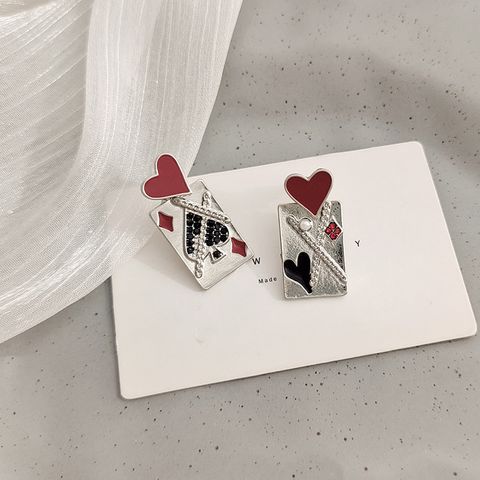 1 Pair Sweet Cool Style Poker Heart Shape Enamel Plating Inlay Alloy Artificial Pearls Rhinestones Ear Studs