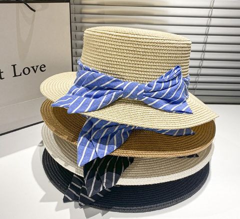 Women's Sweet Pastoral Simple Style Bow Knot Flat Eaves Straw Hat