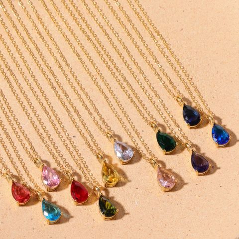 201 Stainless Steel 304 Stainless Steel Glass Gold Plated Simple Style Plating Inlay Water Droplets Birthstone Pendant Necklace