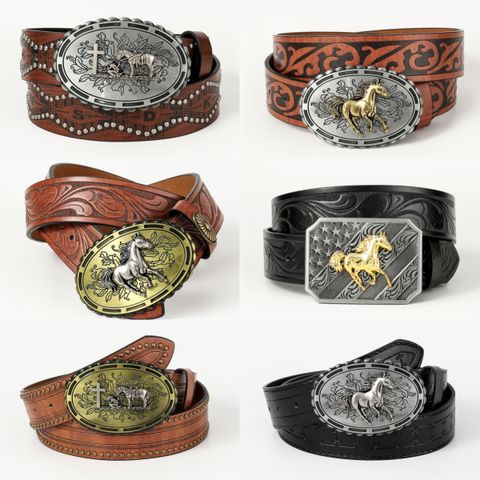 Retro Cowboy Style Horse Pu Leather Metal Button Men's Leather Belts