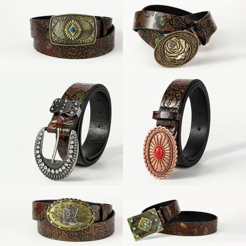 Vintage Style Bohemian Geometric Pu Leather Metal Button Inlay Turquoise Adults Leather Belts