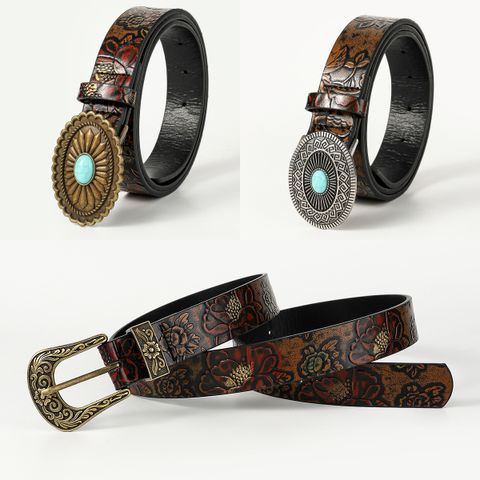 Retro Ethnic Style Geometric Pu Leather Metal Button Inlay Turquoise Adults Leather Belts