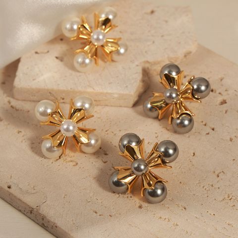 1 Pair Ig Style Simple Style Cross Plating Inlay Copper Artificial Pearls 18k Gold Plated Ear Studs
