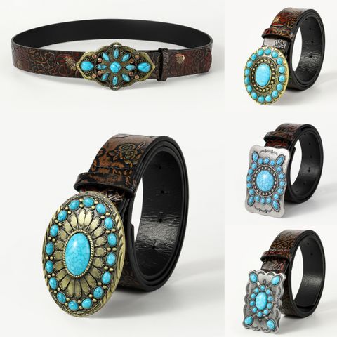 Retro Ethnic Style Geometric Pu Leather Metal Button Inlay Turquoise Adults Leather Belts