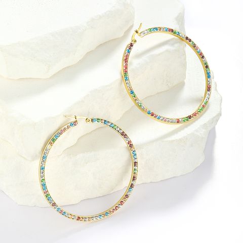 1 Pair Simple Style Classic Style Colorful Plating Inlay Stainless Steel Artificial Diamond Hoop Earrings