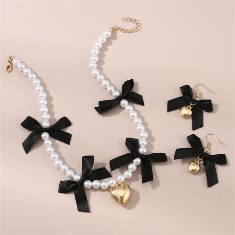 Princess Sweet Bow Knot Artificial Pearl Beaded Girl's Earrings Necklace
