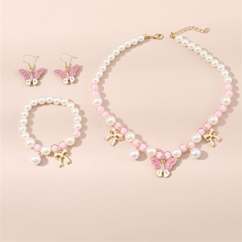 Princess Sweet Butterfly Bow Knot Artificial Pearl Beaded Girl's Bracelets Earrings Necklace