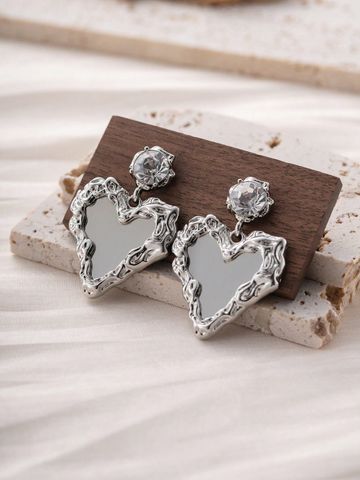 1 Pair Y2k Heart Shape Inlay Alloy Zircon Silver Plated Drop Earrings