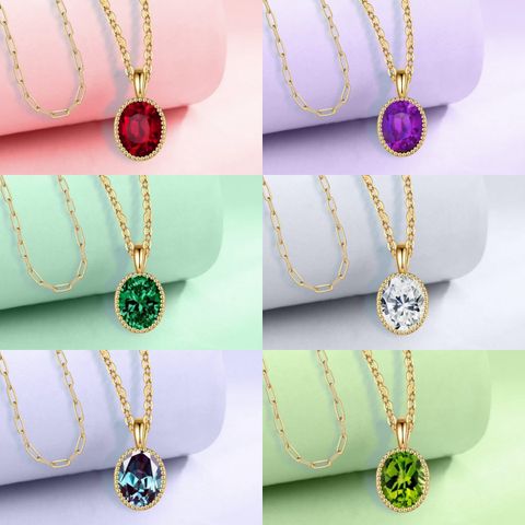 Classic Style Oval Copper Plating Inlay Birthstone 14k Gold Plated Pendant Necklace