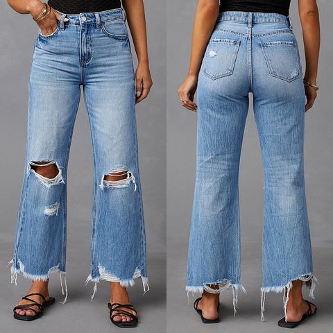 Women's Daily Basic Streetwear Solid Color Full Length Ripped Flared Pants Jeans