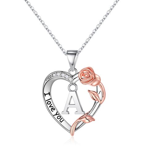 Wholesale Elegant Romantic Letter Heart Shape Rose Stainless Steel Copper Inlay Zircon Pendant Necklace