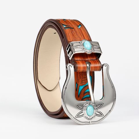 Retro Ethnic Style Geometric Pu Leather Inlay Turquoise Beads Unisex Leather Belts