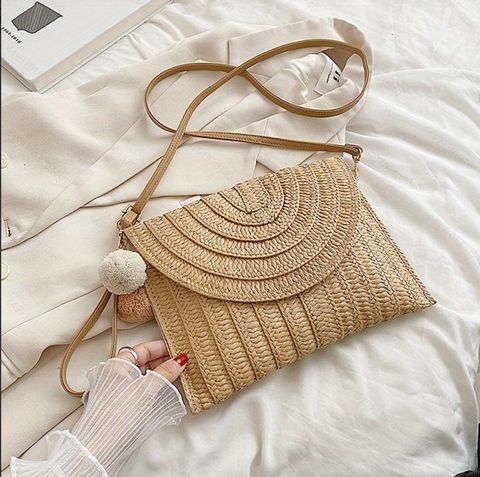 Women's Medium Straw Solid Color Vintage Style Classic Style Square Flip Cover Shoulder Bag