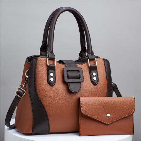 Women's Large Pu Leather Color Block Vintage Style Classic Style Square Zipper Tote Bag