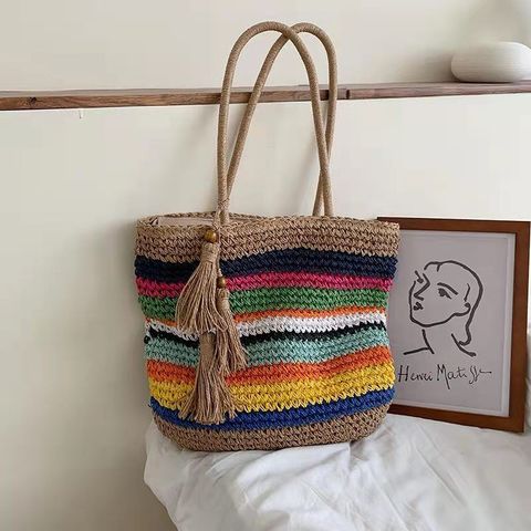 Women's Large Straw Color Block Vintage Style Beach Square Zipper Straw Bag