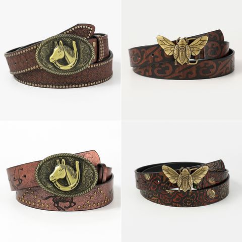 Vintage Style Bee Horse Pu Leather Metal Button Unisex Leather Belts