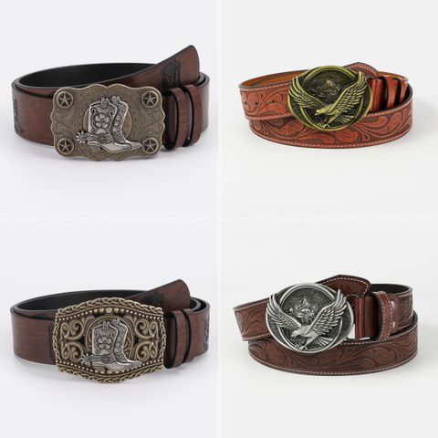 Retro Cowboy Style Eagle Boots Pu Leather Plating Metal Button Unisex Leather Belts