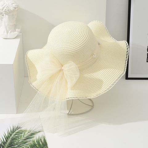 Women's Sweet Heart Shape Bow Knot Big Eaves Straw Hat