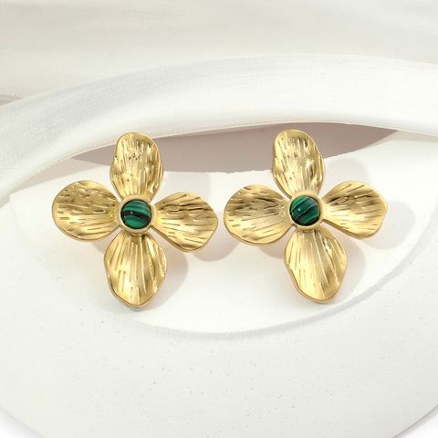 1 Pair Ig Style Flower Plating Inlay Titanium Steel Natural Stone 18k Gold Plated Ear Studs