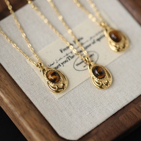 Stainless Steel 18K Gold Plated Elegant Vintage Style Plating Inlay Water Droplets Tiger Eye Pendant Necklace