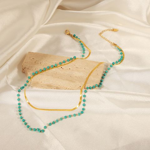 Ig Style Elegant Geometric Turquoise Titanium Steel Beaded Plating 18k Gold Plated Double Layer Necklaces