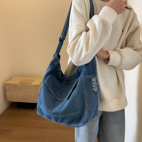 Women's Denim Solid Color Vintage Style Sewing Thread Square Zipper Crossbody Bag