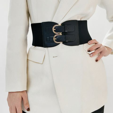 Elegante Color Sólido Cuero Sintético Aleación Banda Elástica Mujeres Cinturones Tejidos