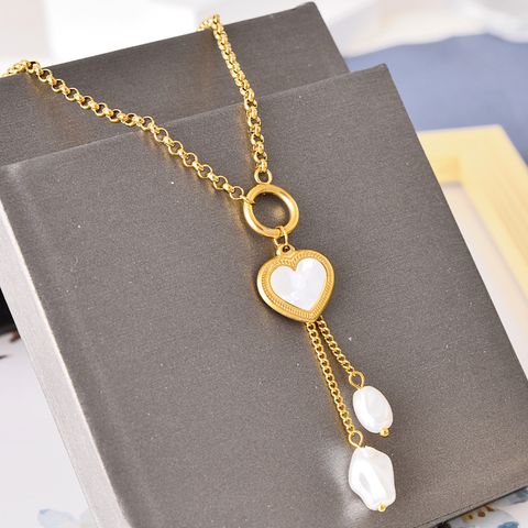 304 Stainless Steel 18K Gold Plated Fashion Plating Inlay Heart Shape Shell Artificial Pearls Shell Necklace