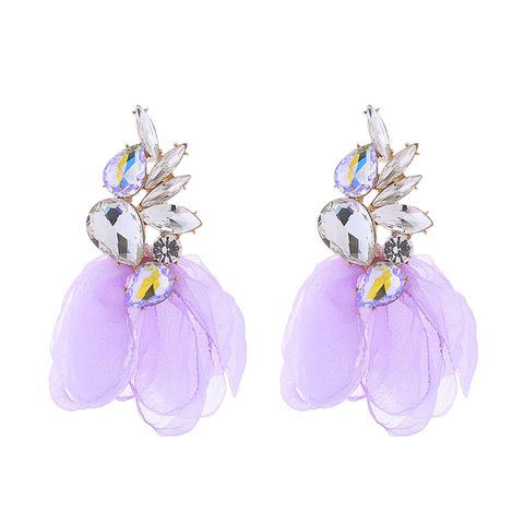 1 Pair Elegant Flower Petal Plating Inlay Alloy Glass Drill Gold Plated Drop Earrings