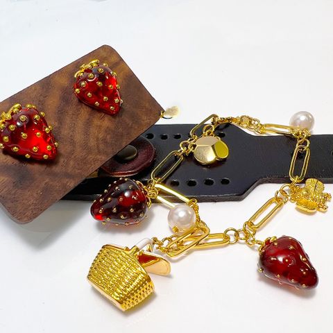 Retro Strawberry Glass Copper Pearl Plating Women's Bracelets Earrings Necklace