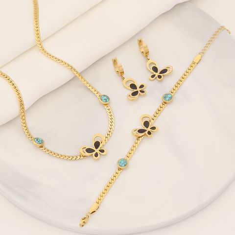 Stainless Steel 18K Gold Plated Simple Style Plating Butterfly Turquoise Bracelets Earrings Necklace