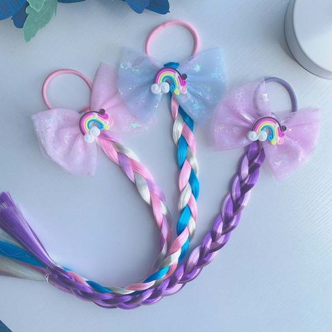 Girl's Cute Rainbow Chemical Fiber Contrast Collar Net Yarn Bowknot Hair Tie Party Headpieces