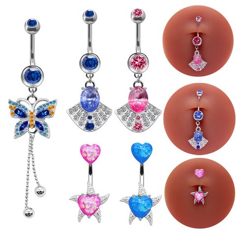 1 Piece Belly Rings Elegant Heart Shape Butterfly 316 Stainless Steel  Alloy Plating Inlay Rhinestones Opal White Gold Plated