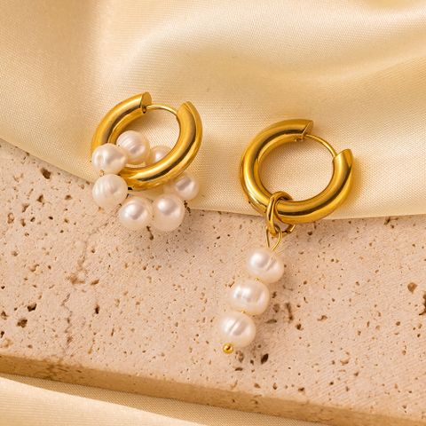 1 Pair Vintage Style Simple Style Commute Pearl Asymmetrical Polishing Plating Titanium Steel 18k Gold Plated Earrings