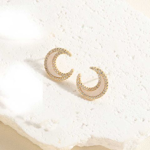 1 Pair Simple Style Commute Moon Flower Enamel Plating Inlay Copper Resin Zircon 14k Gold Plated Earrings Ear Studs
