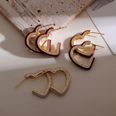 1 Pair Sweet Heart Shape Enamel Plating Inlay Copper Artificial Diamond 18k Gold Plated Ear Studs
