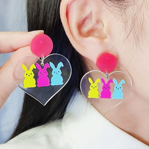 1 Pair Cute Rabbit Heart Shape Printing Arylic Drop Earrings