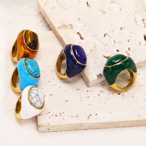 Titanium Steel 18K Gold Plated Glam Retro Oval Enamel Plating Inlay Turquoise Opal Tiger Eye Rings