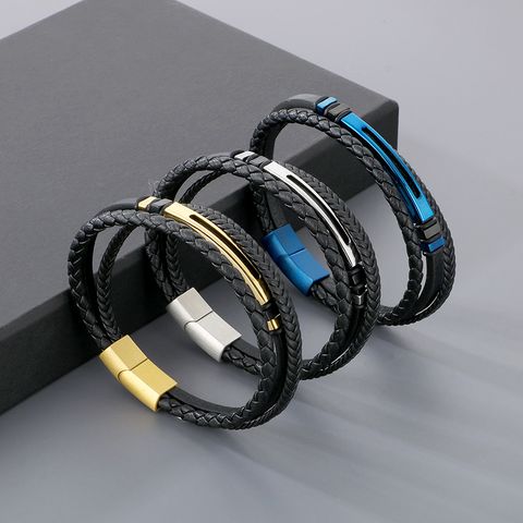 Simple Style Color Block Leather Titanium Steel Layered 18K Gold Plated Men's Bracelets