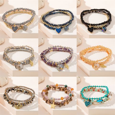 Casual Simple Style Star Leaves Heart Shape Artificial Crystal Beaded Layered Women's Bracelets