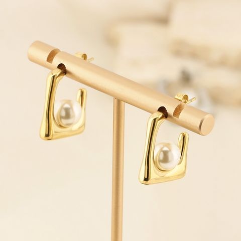 1 Pair Simple Style Geometric Plating Inlay Titanium Steel Pearl 18K Gold Plated Ear Studs