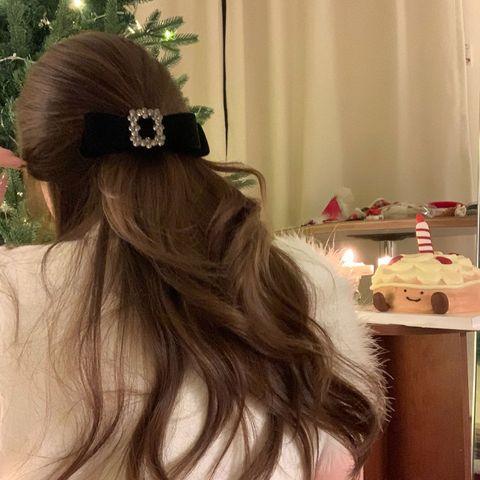 Women's Simple Style Bow Knot Rectangle Velvet Inlay Rhinestones Hair Clip