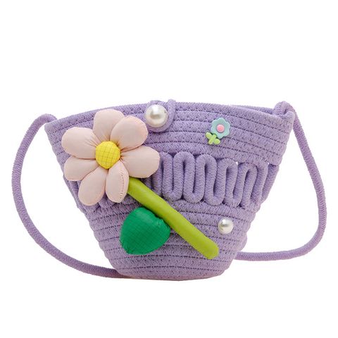 Girl'S Cotton And Linen Flower Cute Bucket Open Crossbody Bag