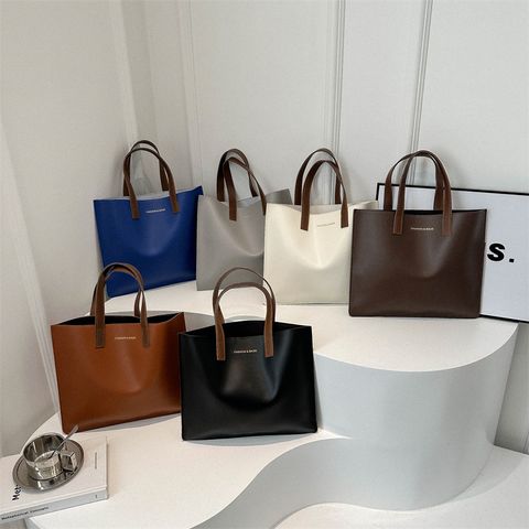 Women's Pu Leather Solid Color Classic Style Open Tote Bag